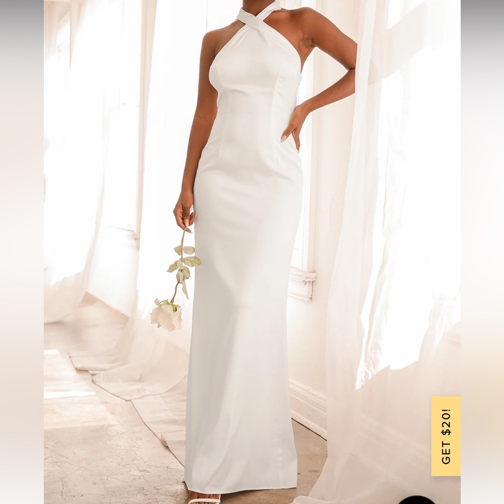 WALTZ WITH YOU WHITE SATIN HALTER DRESS